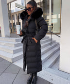 R&B | Damen Lange Gewattete Winterparka mit Kapuze und Gürtel