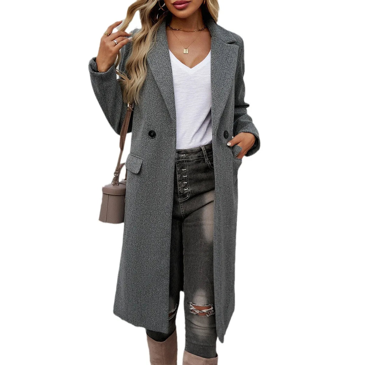 R&B | Damen Eleganter Langer Trenchcoat mit Reverskragen und Einfachen Knöpfen
