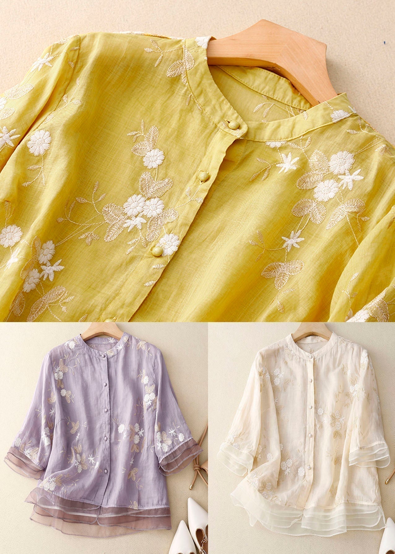 R&B | Bestickte Baumwoll Leinen Bluse