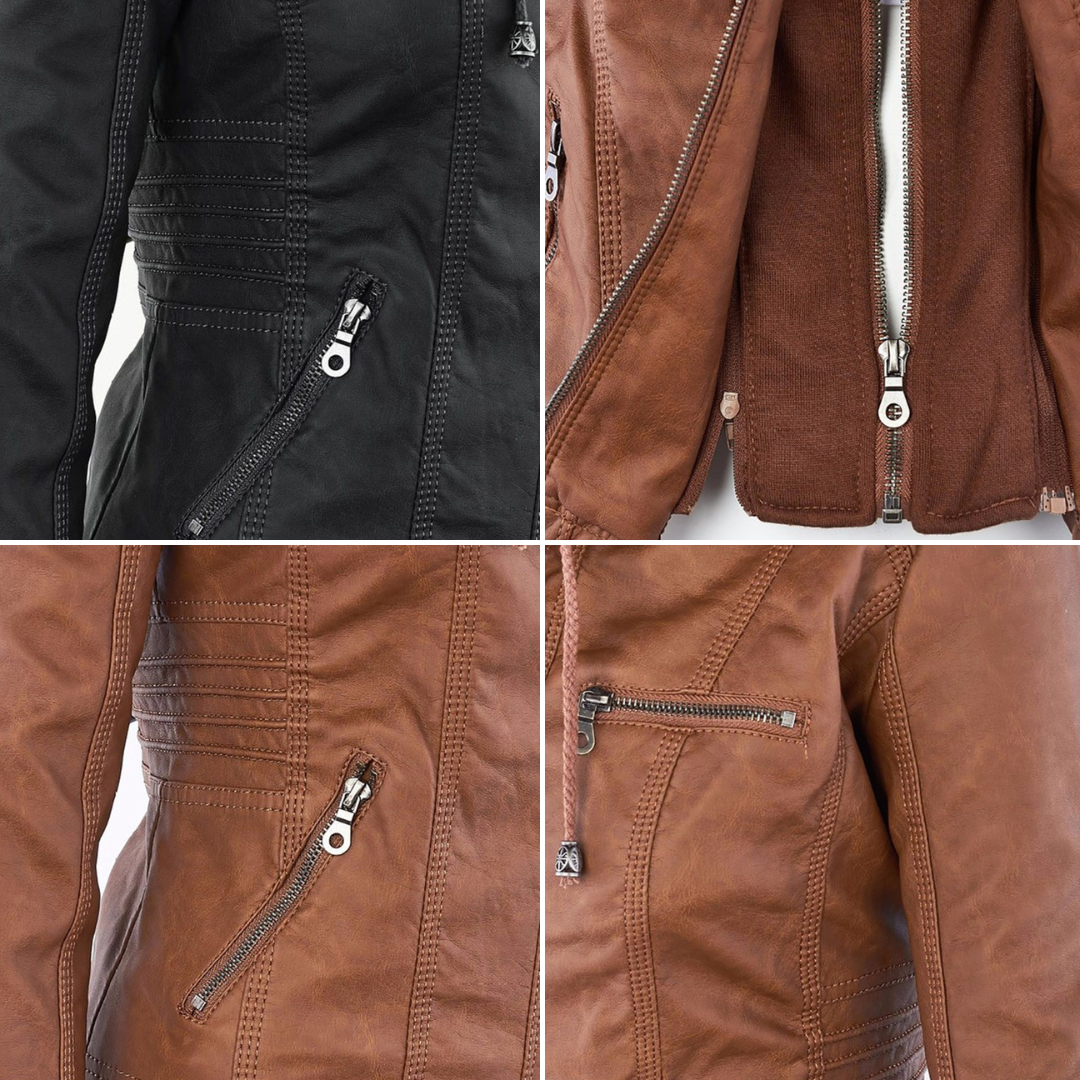Wetterfester Damen Faux Lederjacke mit Kapuze