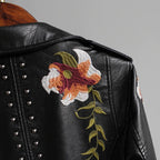 R&B | Bikerjacke - Imitationsleder - Florale Stickerei - Nieten Details - Asymmetrischer Reißverschluss