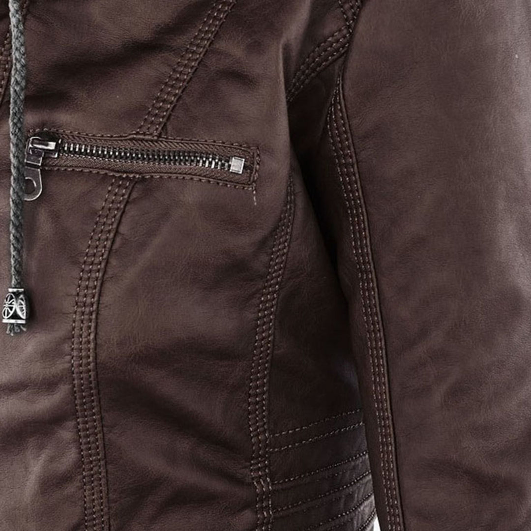 Wetterfester Damen Faux Lederjacke mit Kapuze