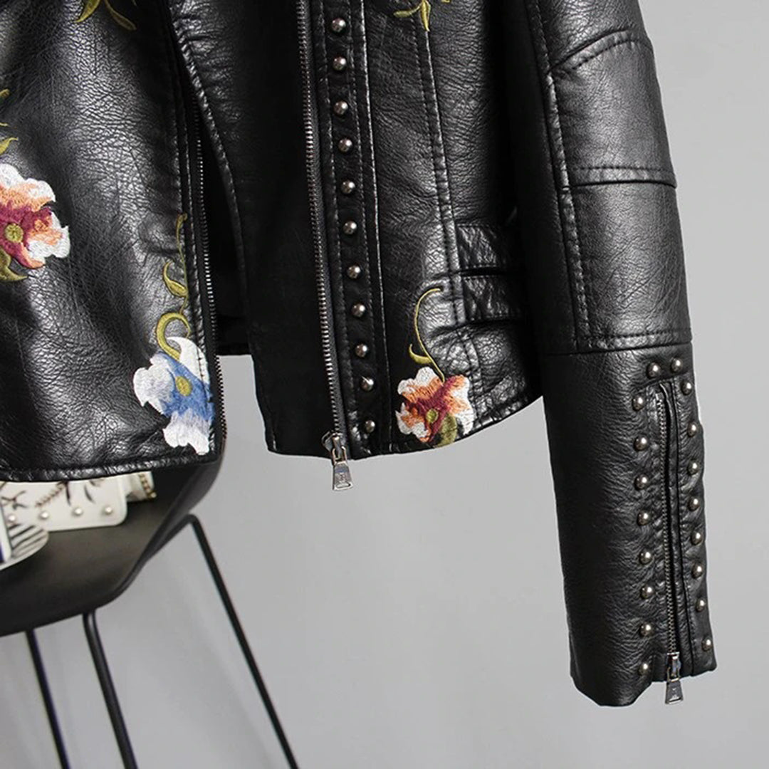R&B | Bikerjacke - Imitationsleder - Florale Stickerei - Nieten Details - Asymmetrischer Reißverschluss