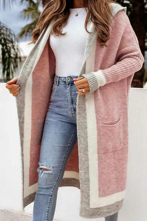R&B | Langer Cardigan Offene Front Weiches Strick Rippbündchen mit Taschen
