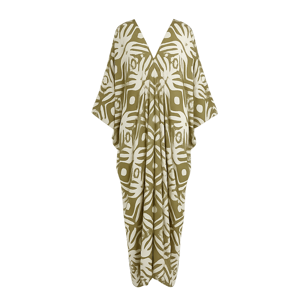 Damen Maxikleid mit künstlerischem Muster und elegantem V-Ausschnitt Heidi Mode