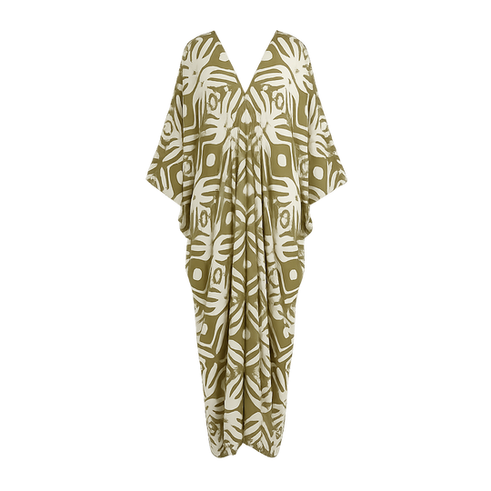 Damen Maxikleid mit künstlerischem Muster und elegantem V-Ausschnitt Heidi Mode