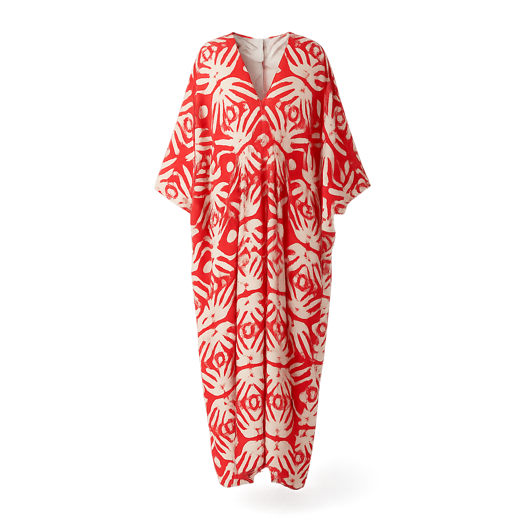 Damen Maxikleid mit künstlerischem Muster und elegantem V-Ausschnitt Heidi Mode