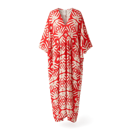Damen Maxikleid mit künstlerischem Muster und elegantem V-Ausschnitt Heidi Mode