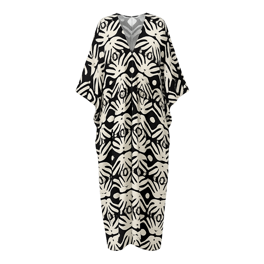 Damen Maxikleid mit künstlerischem Muster und elegantem V-Ausschnitt Heidi Mode