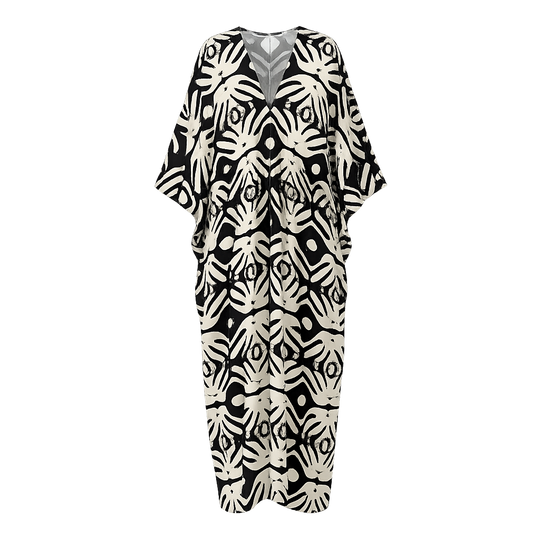 Damen Maxikleid mit künstlerischem Muster und elegantem V-Ausschnitt Heidi Mode