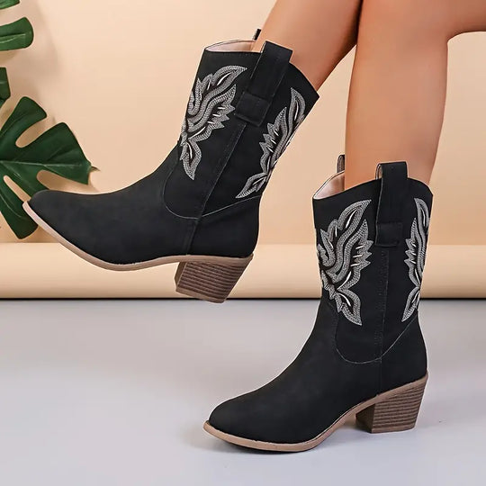Cowboystiefel - Damen Knöchelhoche Blockabsatz Cowgirl-Stiefel R&B