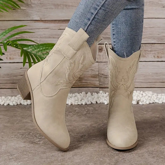 Cowboystiefel - Damen Knöchelhoche Blockabsatz Cowgirl-Stiefel R&B