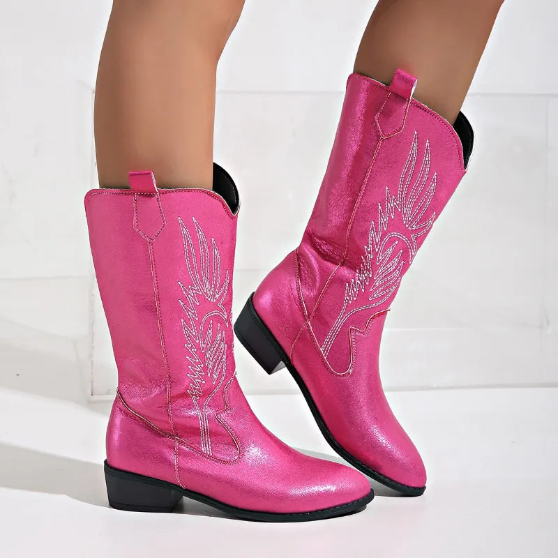 Cowgirl-Stiefel - Frauen Metallic Western Cowboy-Stiefel mit niedrigem Absatz R&B