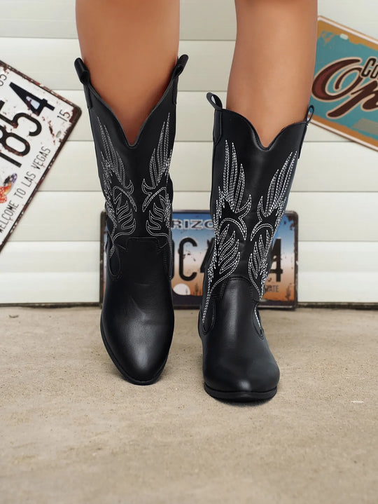 Cowgirl-Stiefel - Frauen Metallic Western Cowboy-Stiefel mit niedrigem Absatz R&B