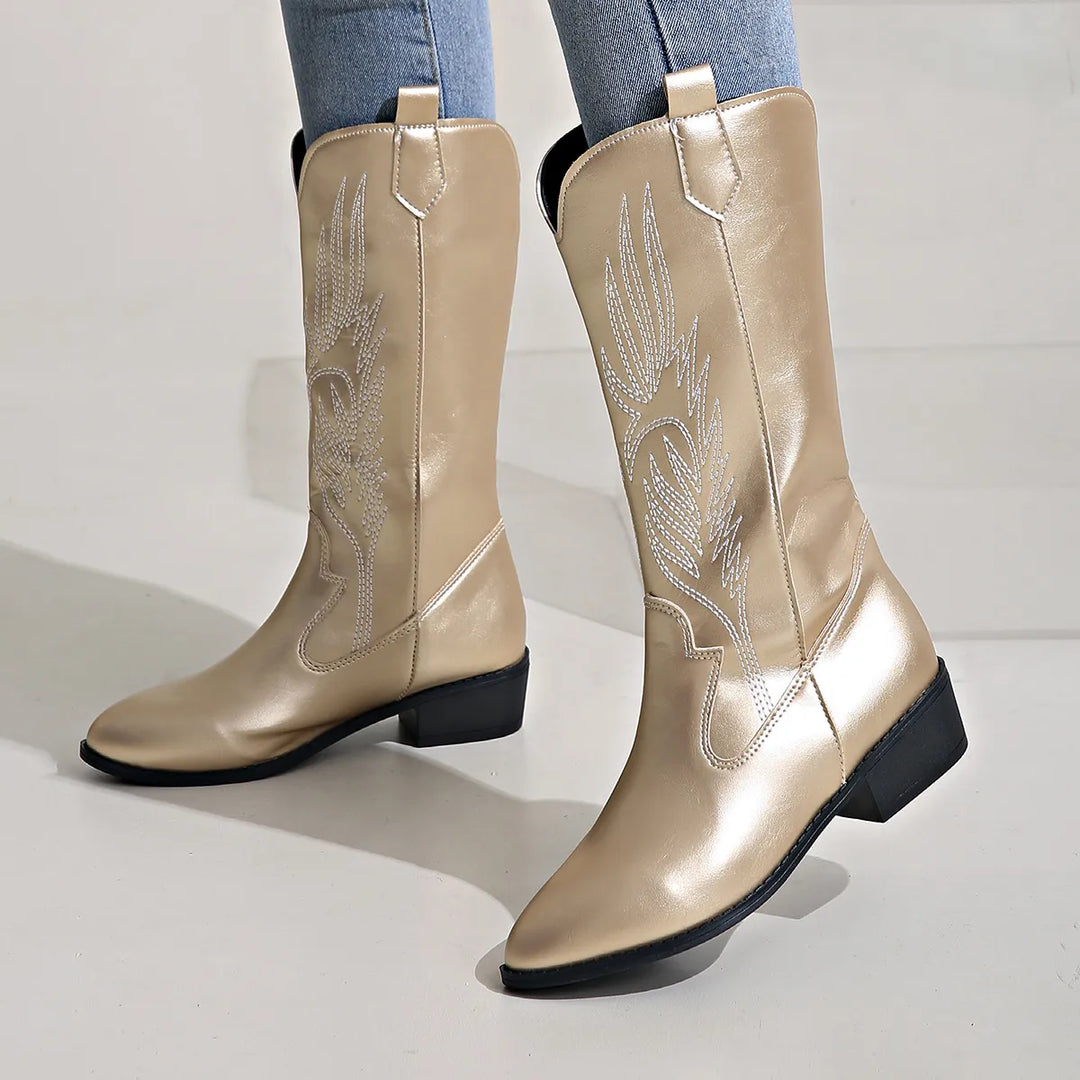 Cowgirl-Stiefel - Frauen Metallic Western Cowboy-Stiefel mit niedrigem Absatz R&B