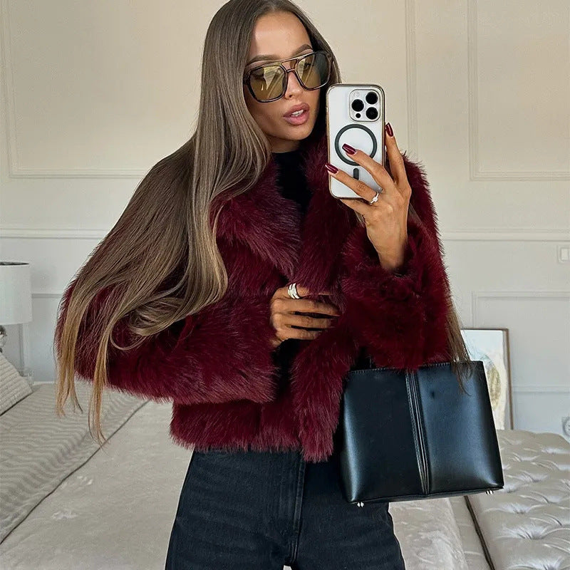 R&B | Fake,Fur,Mäntel mit Großer Kragen, Weinrot