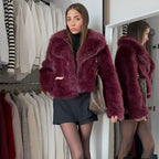 R&B | Fake,Fur,Mäntel mit Großer Kragen, Weinrot