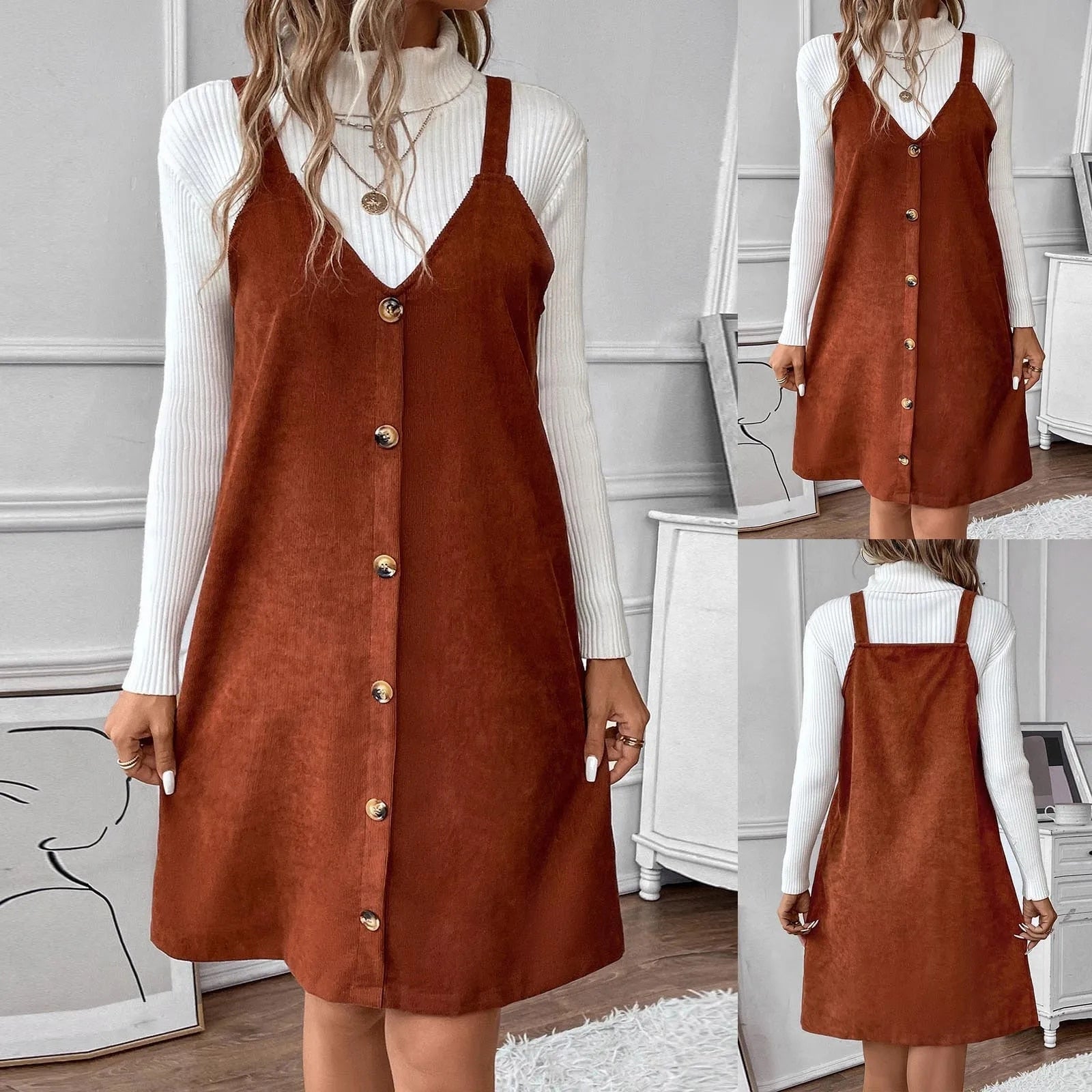 Cordkleid mit Trägern, V-Ausschnitt und Knopfdetails