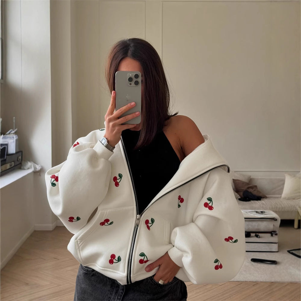 R&B | Damen Sweatshirt mit Kapuze und Reißverschluss mit Kirschdruck