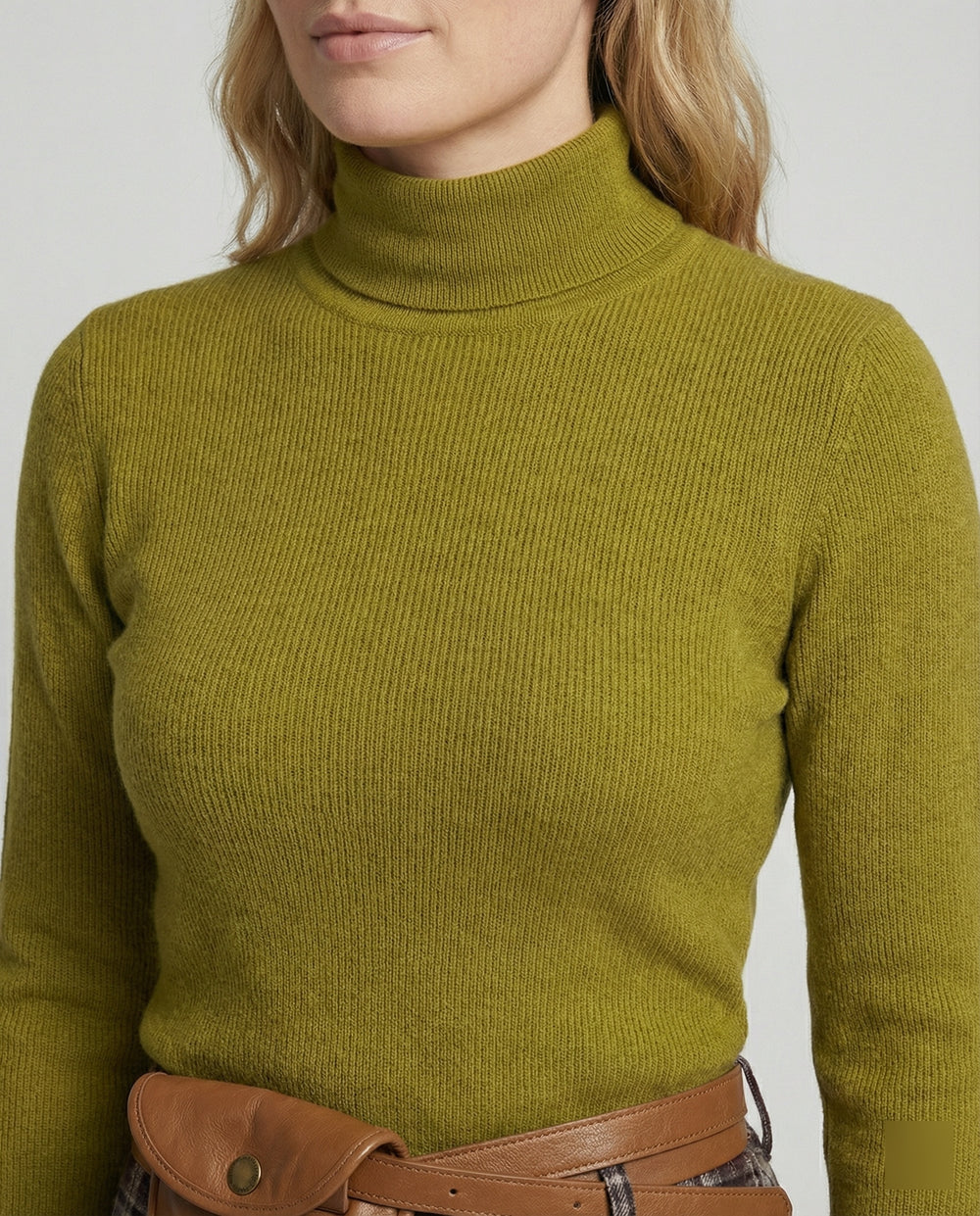Damen Langarmshirt Senfgrün Enganliegend Rollsaum Stehkragen Weich