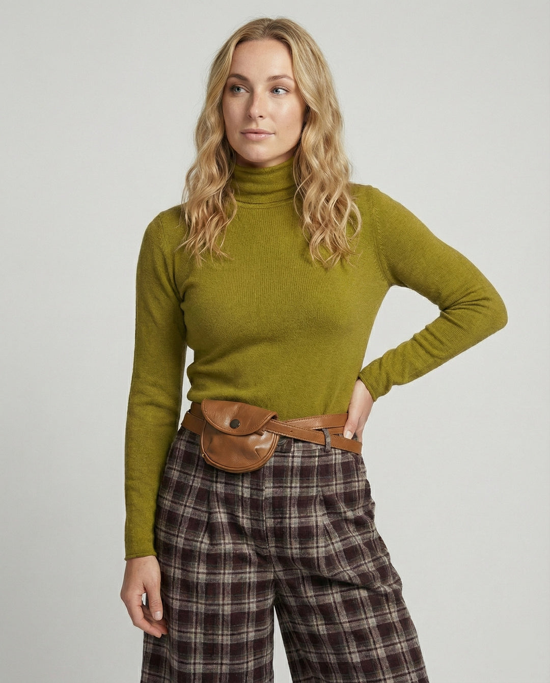 Damen Langarmshirt Senfgrün Enganliegend Rollsaum Stehkragen Weich