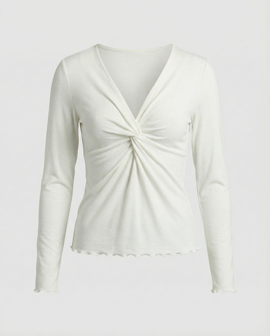 Damen Langarmshirt V-Ausschnitt Koreanischer Stil Knotendesign