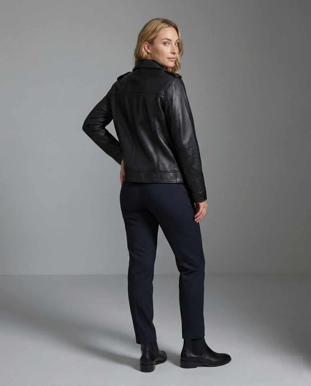 Damen Lederjacke Schwarz Oversized Vintage Look Biker Jacke