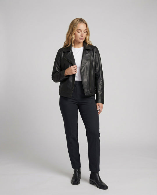Damen Lederjacke Schwarz Oversized Vintage Look Biker Jacke