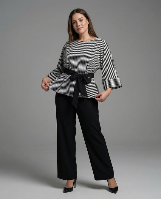 Damen Streetwear zweiteiliges Set mit gestreiftem Wickelshirt, Bindegürtel und weiter Palazzo-Hose R&B
