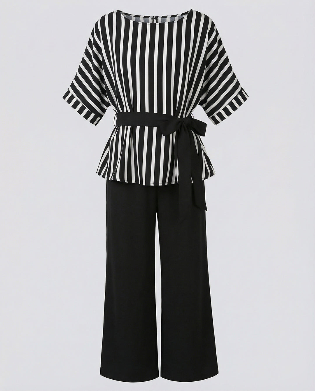 Damen Streetwear zweiteiliges Set mit gestreiftem Wickelshirt, Bindegürtel und weiter Palazzo-Hose R&B