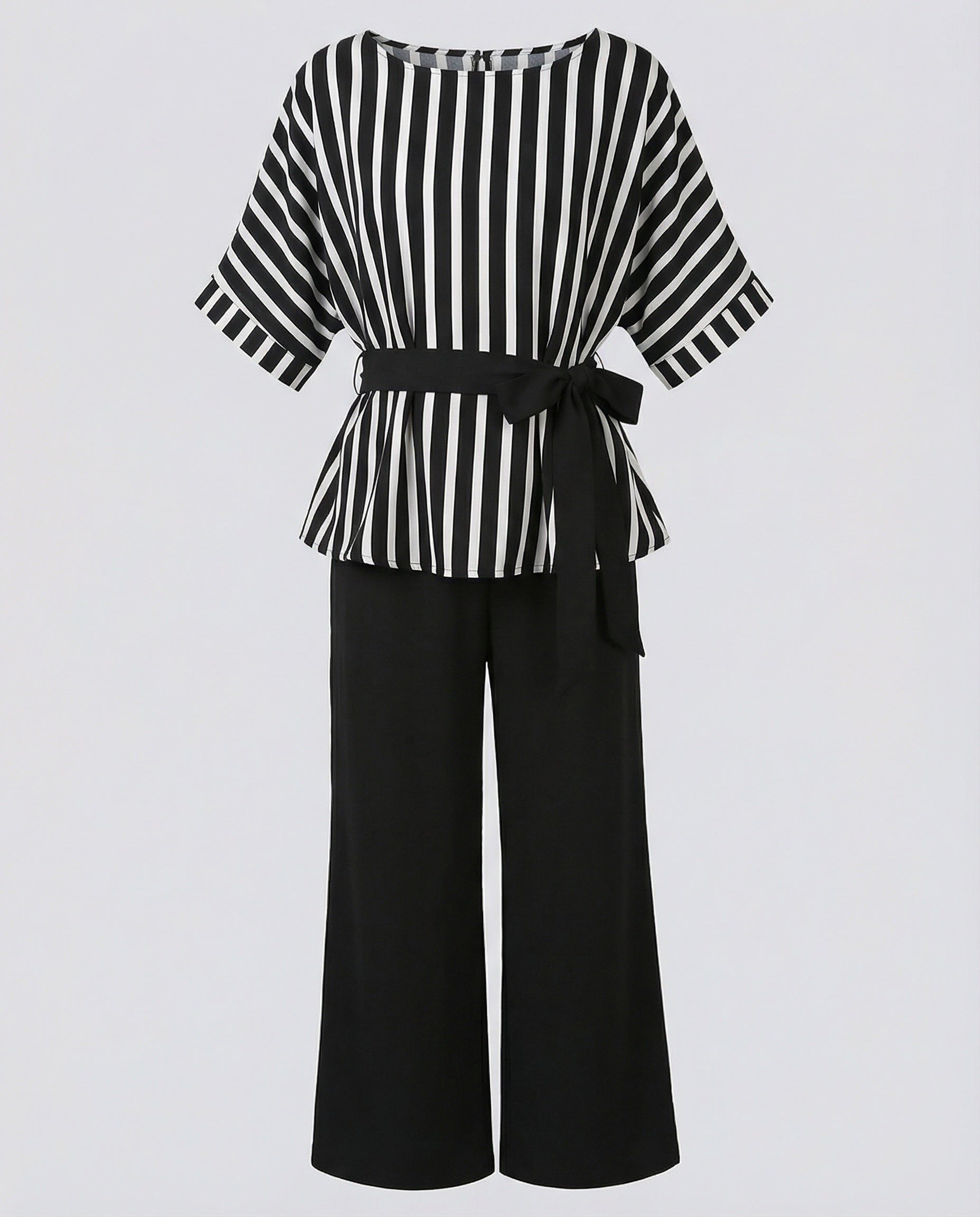Damen Streetwear zweiteiliges Set mit gestreiftem Wickelshirt, Bindegürtel und weiter Palazzo-Hose R&B