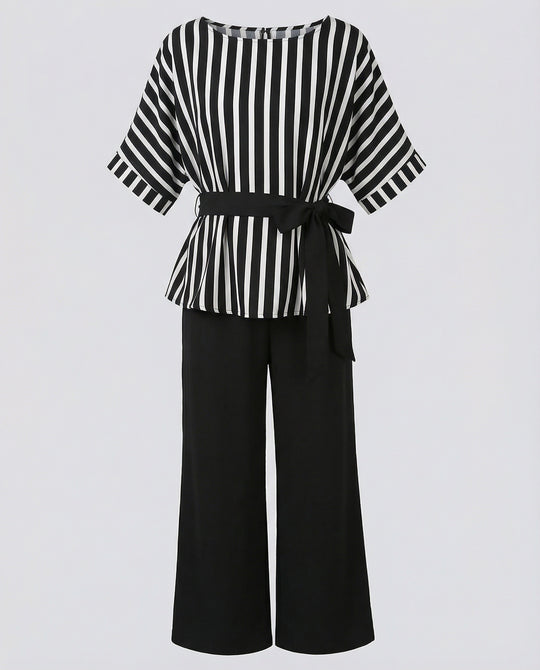 Damen Streetwear zweiteiliges Set mit gestreiftem Wickelshirt, Bindegürtel und weiter Palazzo-Hose R&B