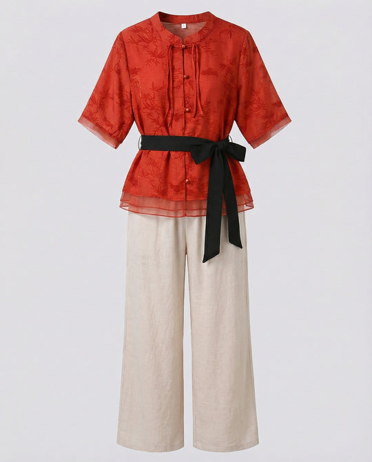 Damen Streetwear zweiteiliges Set mit gestreiftem Wickelshirt, Bindegürtel und weiter Palazzo-Hose R&B