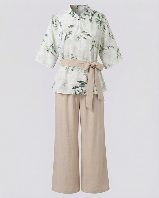 Damen Streetwear zweiteiliges Set mit gestreiftem Wickelshirt, Bindegürtel und weiter Palazzo-Hose R&B