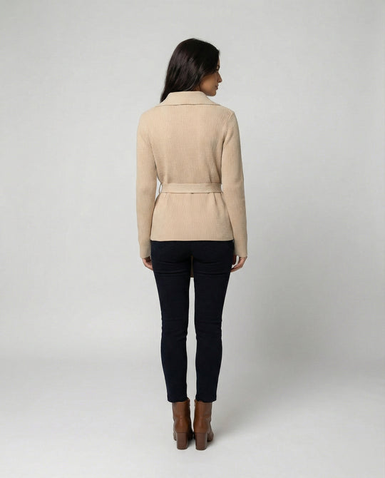 Damen Strickpullover mit Revers und Taillenschnürung in Khakigrau