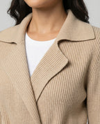 Damen Strickpullover mit Revers und Taillenschnürung in Khakigrau