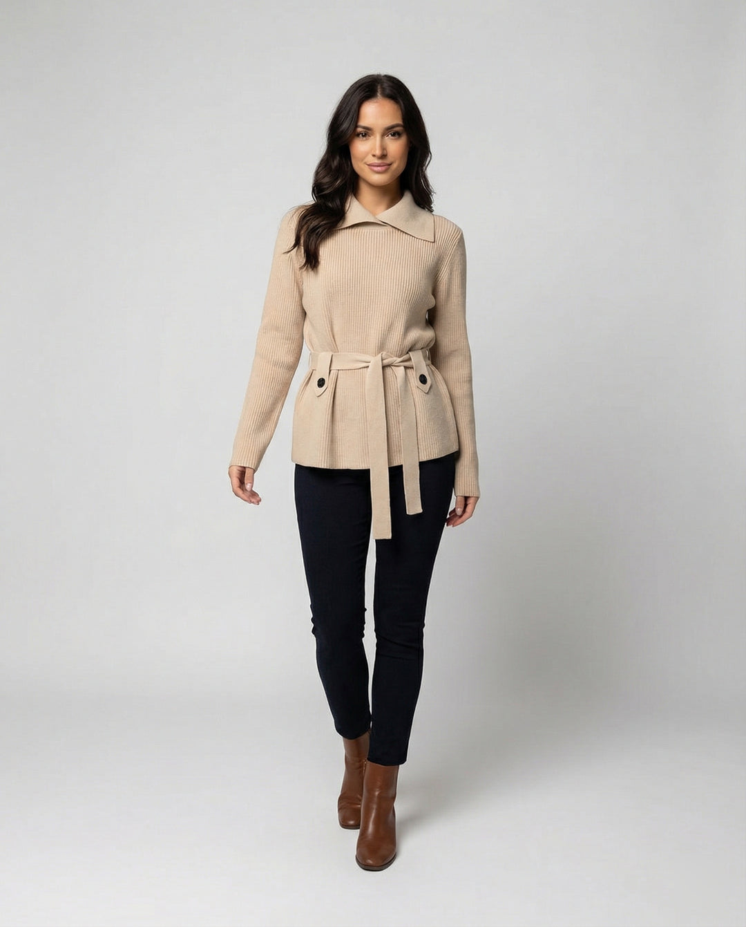 Damen Strickpullover mit Revers und Taillenschnürung in Khakigrau