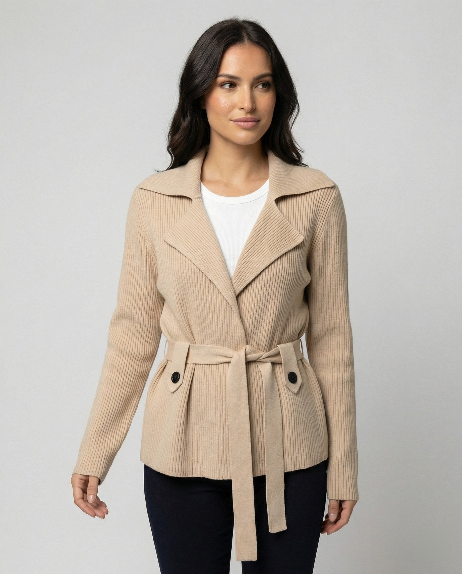 Damen Strickpullover mit Revers und Taillenschnürung in Khakigrau