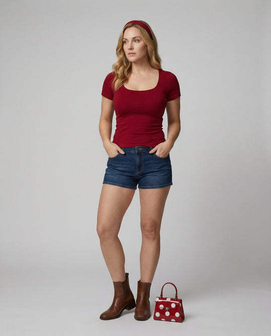 Damen T-Shirt U-Ausschnitt Slim-Fit Kurzarm Basic Crop Top