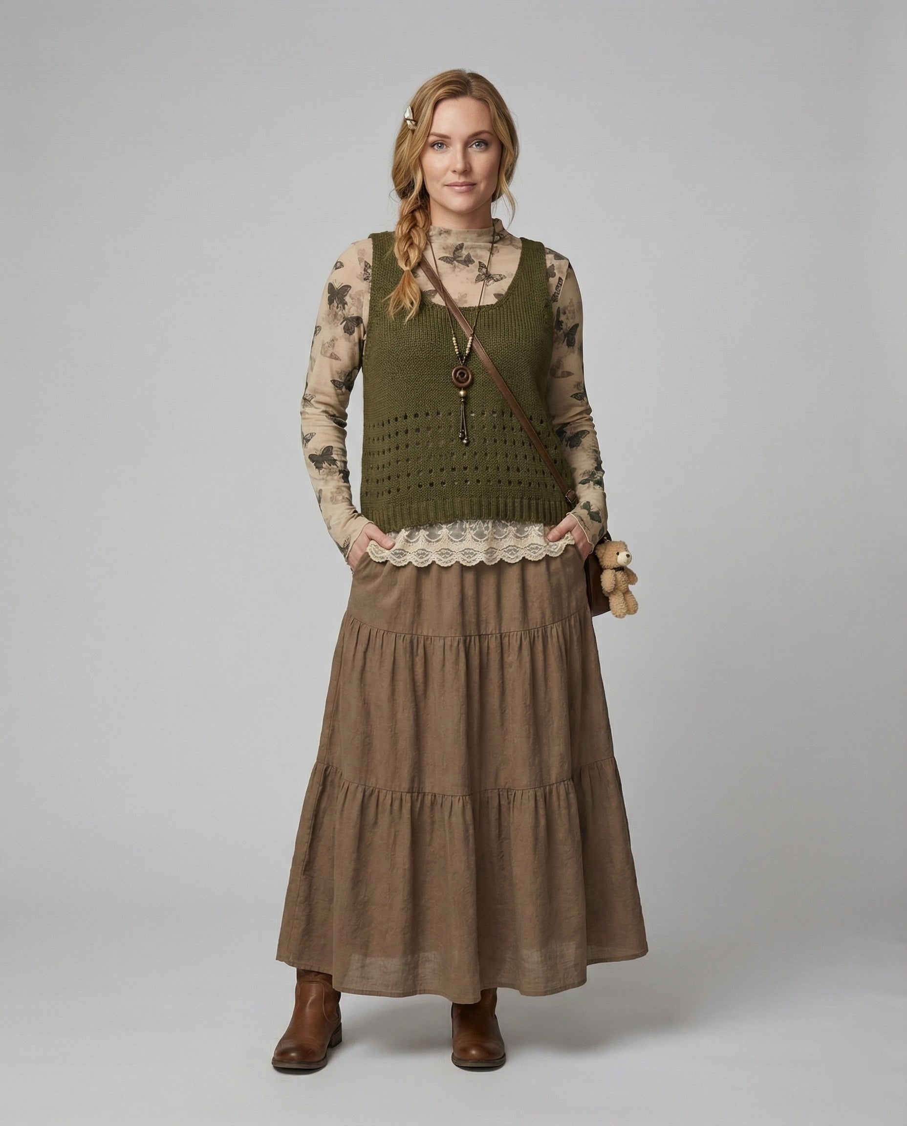 Lagenlook-Set mit Spitzenbluse, gehäkelter Strickweste und Stufenmaxirock R&B
