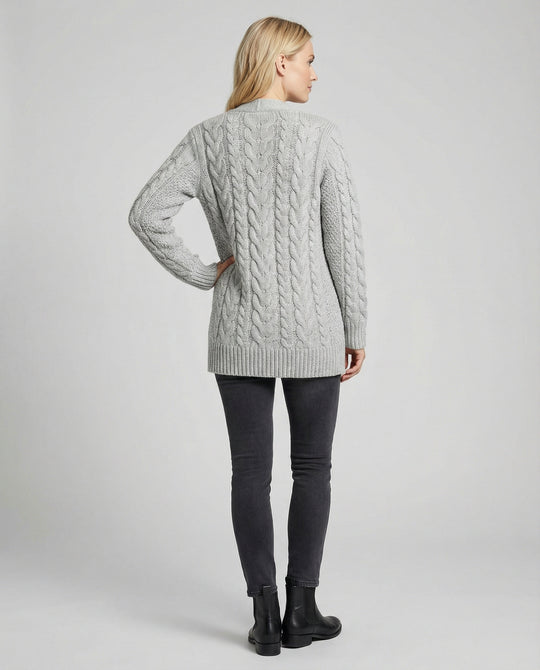 Zopfmuster-Cardigan im Blousonstil mit spitz zulaufendem Saum und tiefem V-Ausschnitt R&B