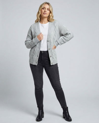 Zopfmuster-Cardigan im Blousonstil mit spitz zulaufendem Saum und tiefem V-Ausschnitt R&B