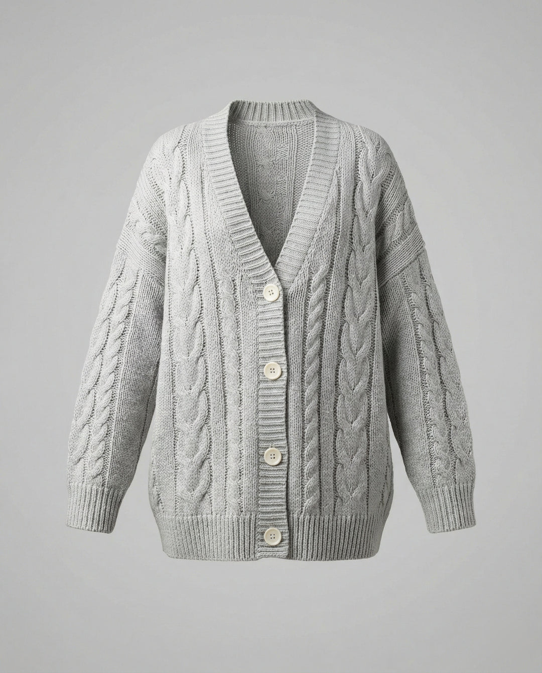 Zopfmuster-Cardigan im Blousonstil mit spitz zulaufendem Saum und tiefem V-Ausschnitt R&B