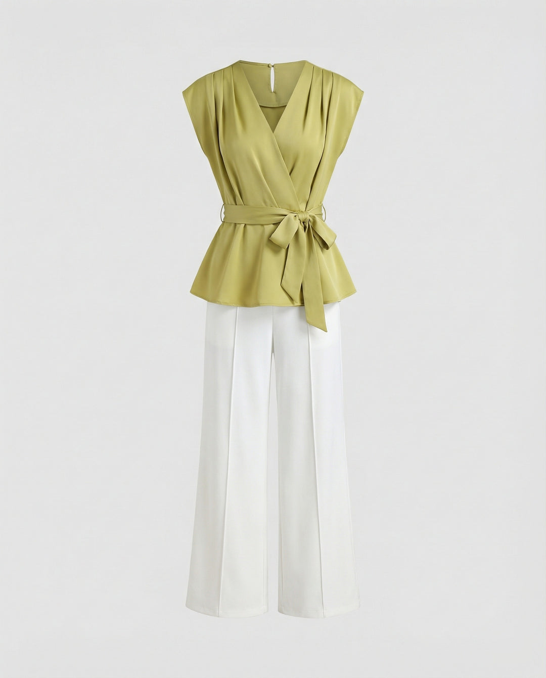 Elegantes Zweiteiler-Set Wickelblusentop mit Taillengürtel und hochgeschnittene Palazzohose mit Frontschlitz R&B