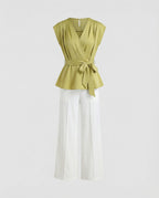 Elegantes Zweiteiler-Set Wickelblusentop mit Taillengürtel und hochgeschnittene Palazzohose mit Frontschlitz R&B