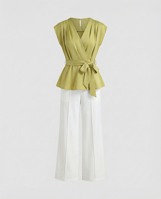 Elegantes Zweiteiler-Set Wickelblusentop mit Taillengürtel und hochgeschnittene Palazzohose mit Frontschlitz R&B