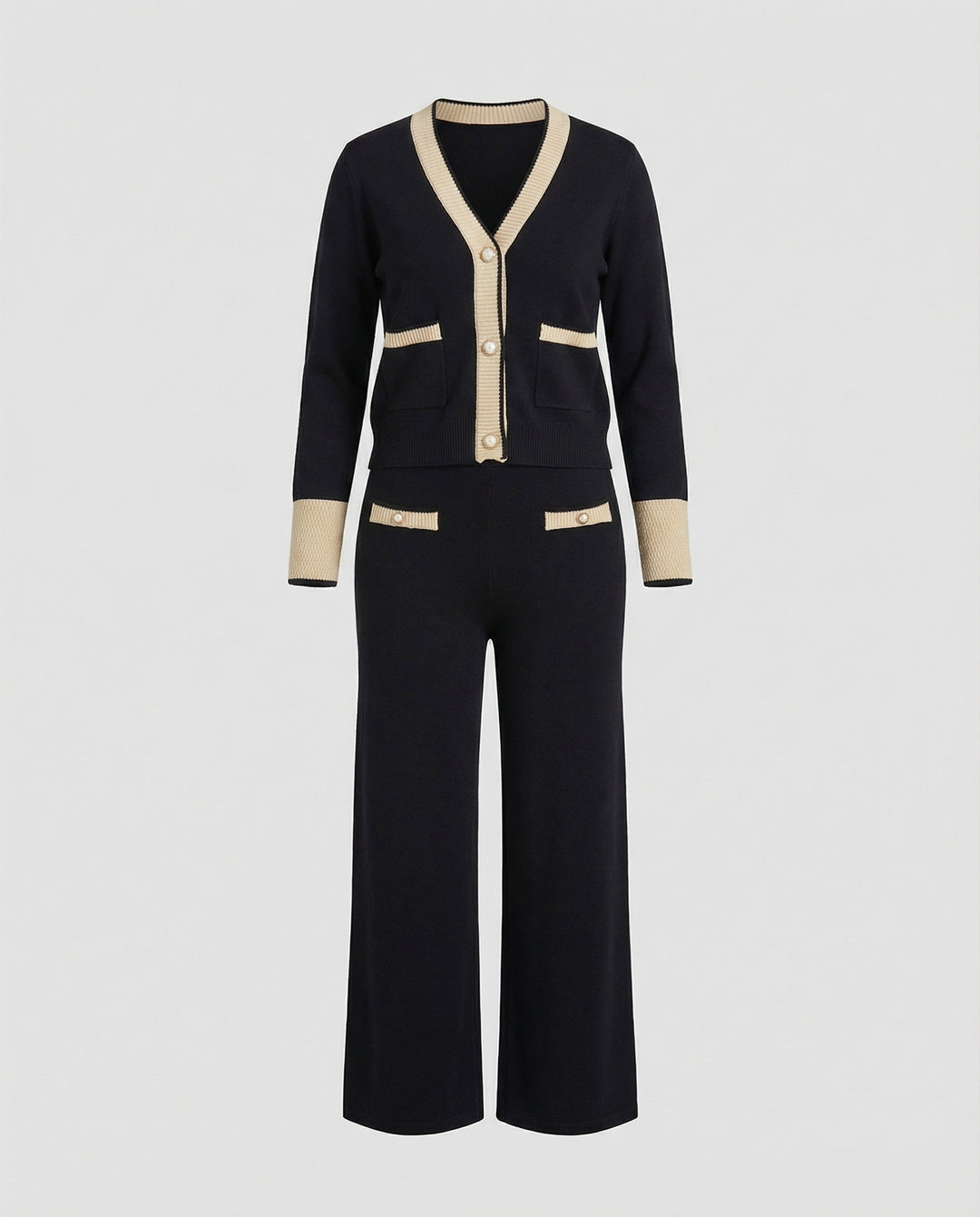 Feines Strickensemble mit V-Ausschnitt-Cardigan, hochtaillierter Culotte-Hose und Zierknöpfen R&B
