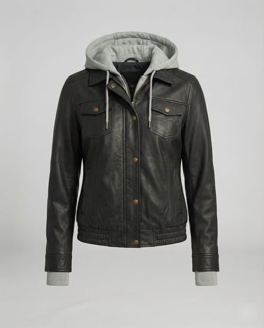 Kurz geschnittener Boxy-Lederblouson mit Hemdkragen, Brustpattentaschen und verstellbarem Saum R&B
