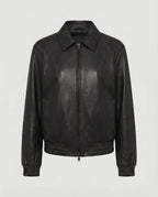 Kurze Lederblousonjacke mit Hemdkragen, verdecktem Reißverschluss und elastischen Bündchen R&B