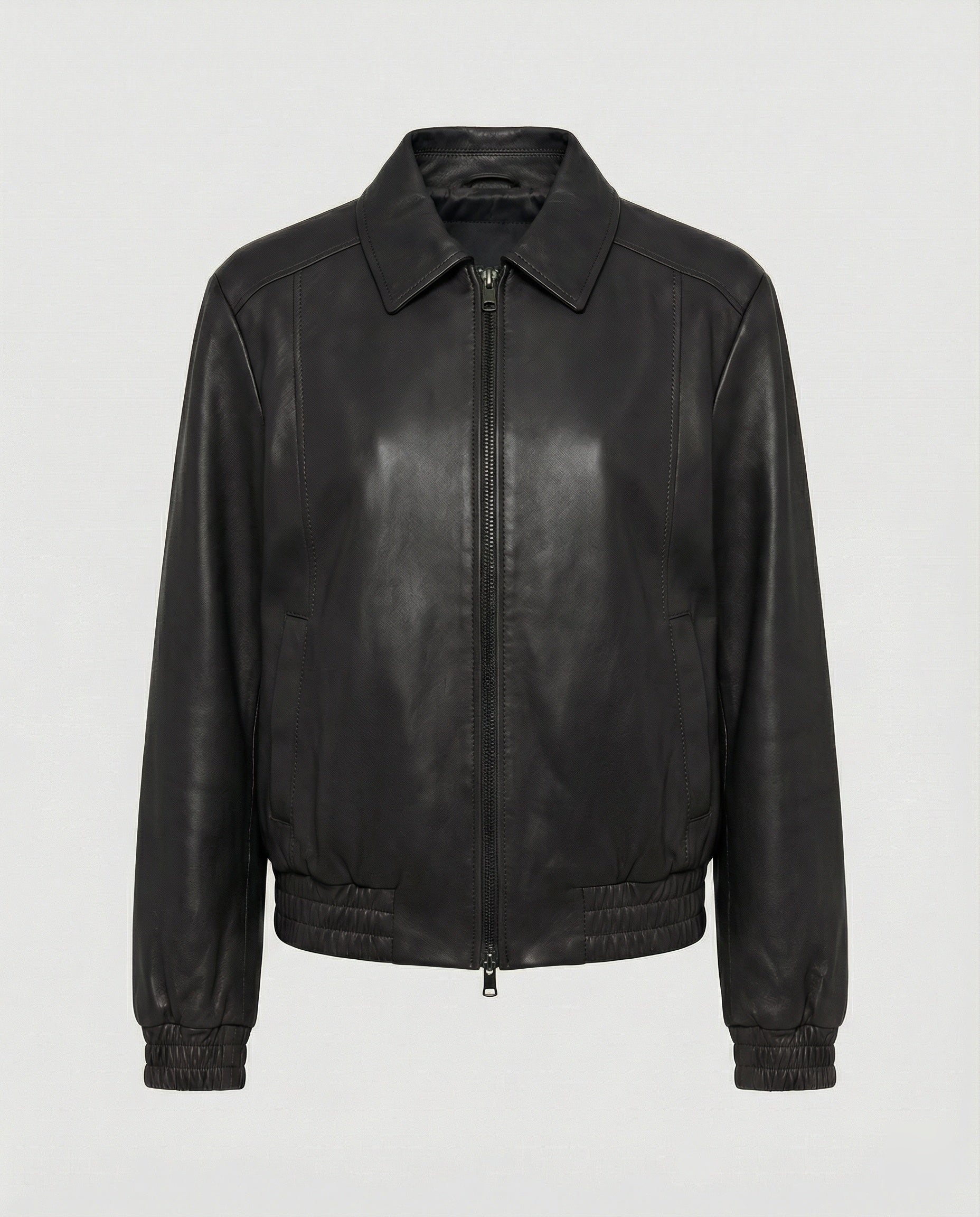 Kurze Lederblousonjacke mit Hemdkragen, verdecktem Reißverschluss und elastischen Bündchen R&B